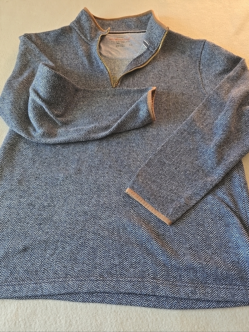 Men's Blue Herringbone Quarter-Zip Sweater with Tan Trim